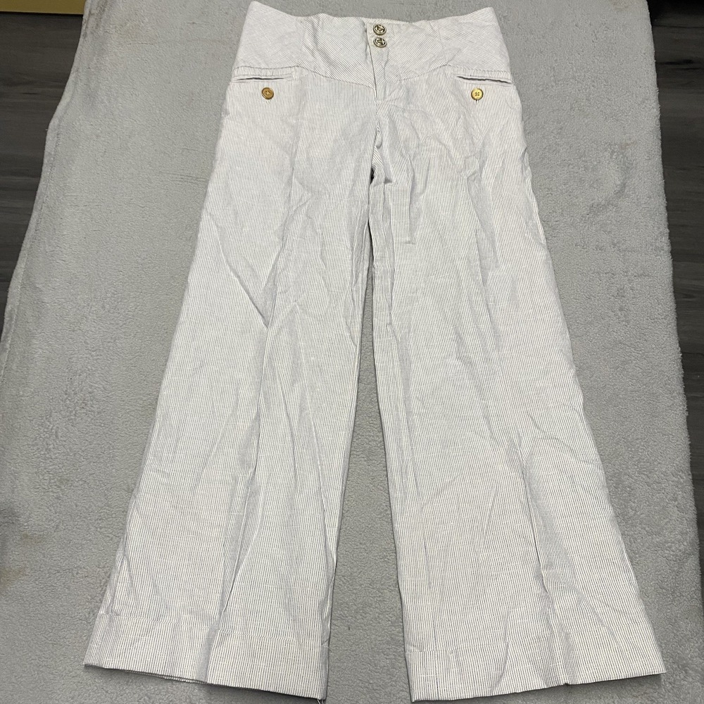 Elevenses Pants 2 Striped Linen Blend Sailor Nautical Wide Leg Flare Cuff